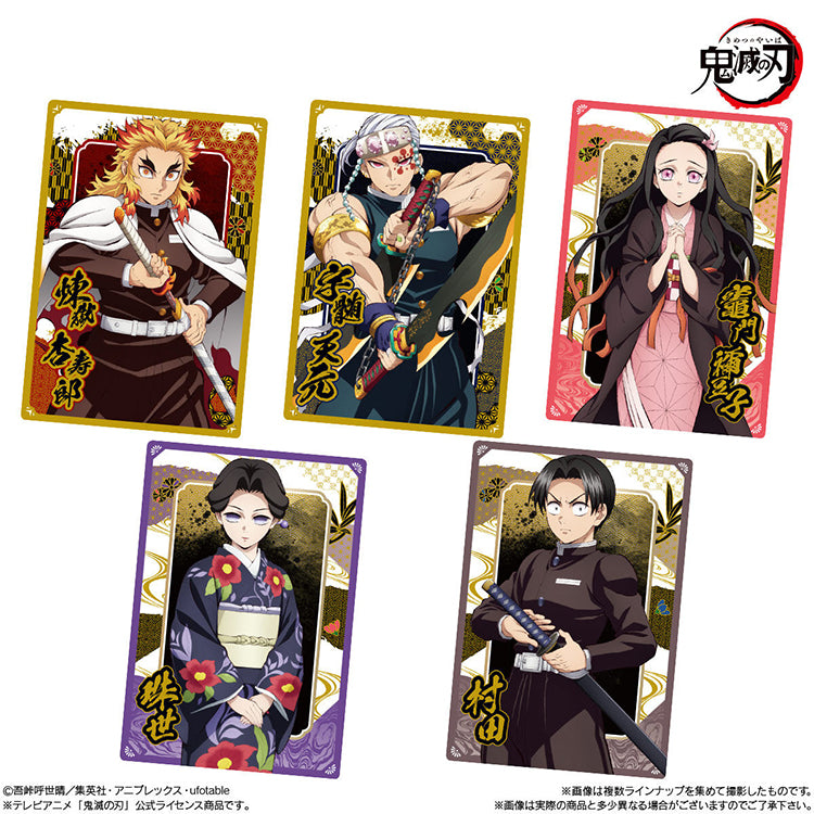 Demon Slayer Wafer Vol.10 featuring collectible anime cards and chocolate wafer packaging with Tanjiro, Nezuko, and other characters.