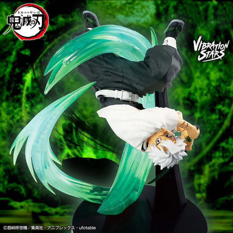 Demon Slayer Vibration Stars Plus Sanemi Shinazugawa figure in mid-air pose with green wind effect, displayed on a black base.