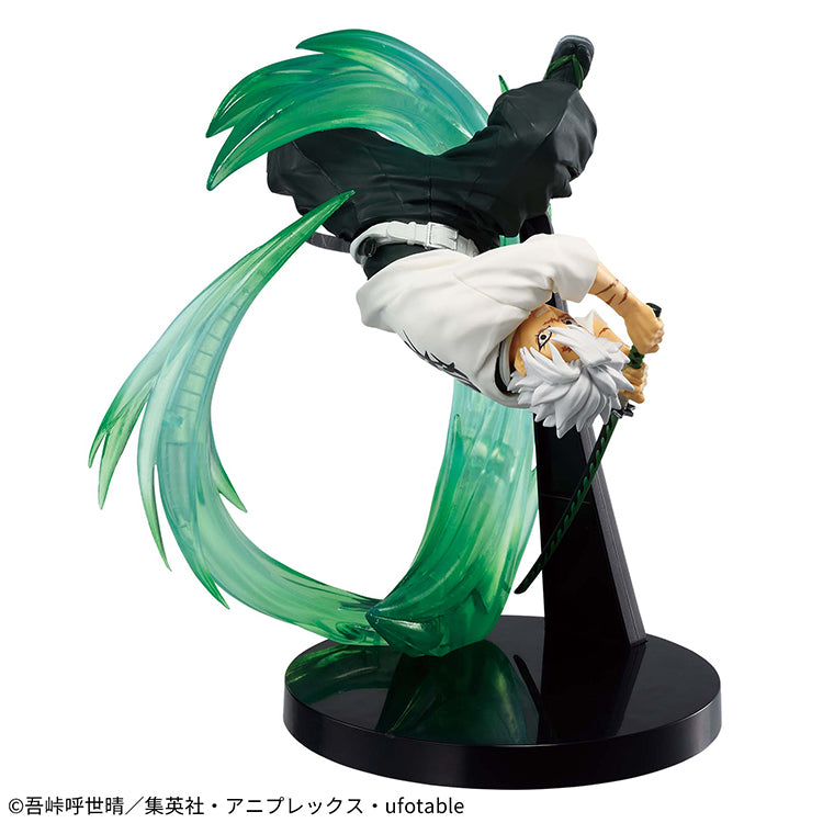 Demon Slayer Vibration Stars Plus Sanemi Shinazugawa figure in mid-air pose with green wind effect, displayed on a black base.