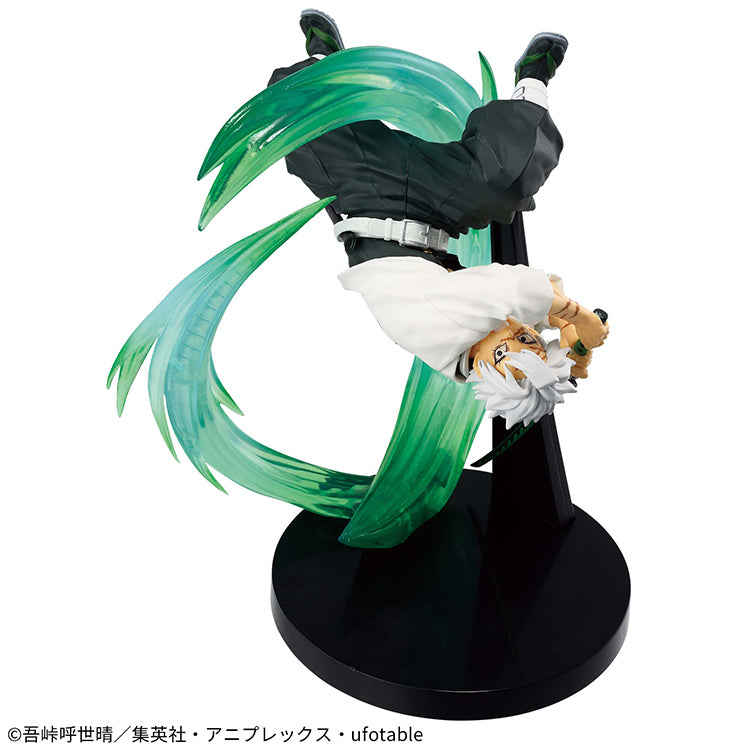 Demon Slayer Vibration Stars Plus Sanemi Shinazugawa figure in mid-air pose with green wind effect, displayed on a black base.