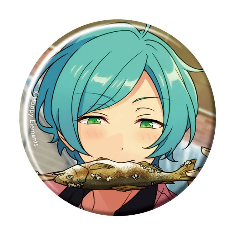 Ensemble Stars!! Casual Side tin badge, teal-haired character eating a grilled fish