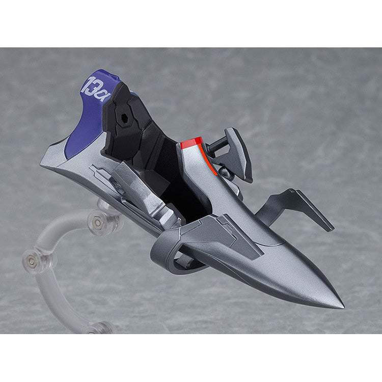 Nendoroid Shinji Ikari from Rebuild of Evangelion in blue plugsuit with interchangeable faces, backpack, Spear of Longinus, and entry plug display parts.