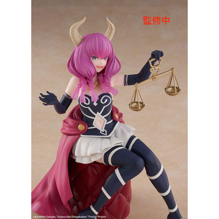 A three-quarter angle of the Frieren: Beyond Journey's End Aura figure from the Taito Desktop Cute line, highlighting the detailed sitting pose and outfit.