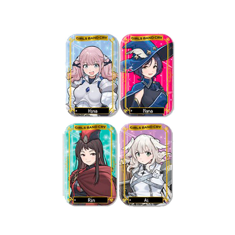 Girls Band Cry Foil Marukaku Can Badge Collection Vol.2 – set of 9 anime character badges featuring Nina, Monoka, Subaru, Tono, Rupa, Hina, Nana, Rin, and Ai with foil accents and rounded rectangle design.
