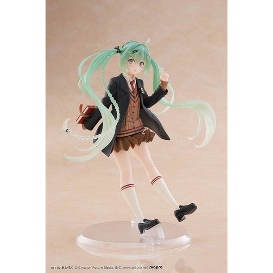 Hatsune Miku Preppy Version figure by Taito, wearing a knit vest and plaid skirt with school accessories and twin-tails, posed in a stylish preppy outfit.