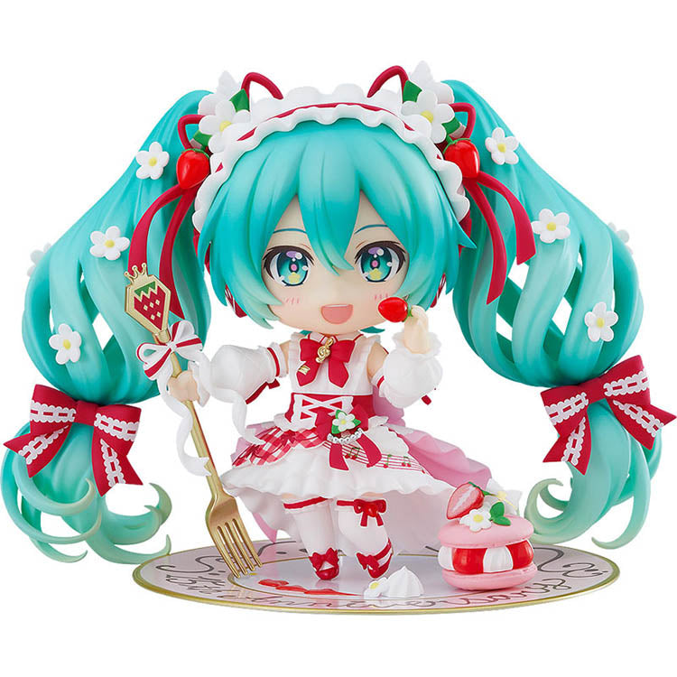 Hatsune Miku 15th Anniversary Strawberry Nendoroid figure with interchangeable faces, dessert accessories, and acrylic stand – collectible Vocaloid anime merch