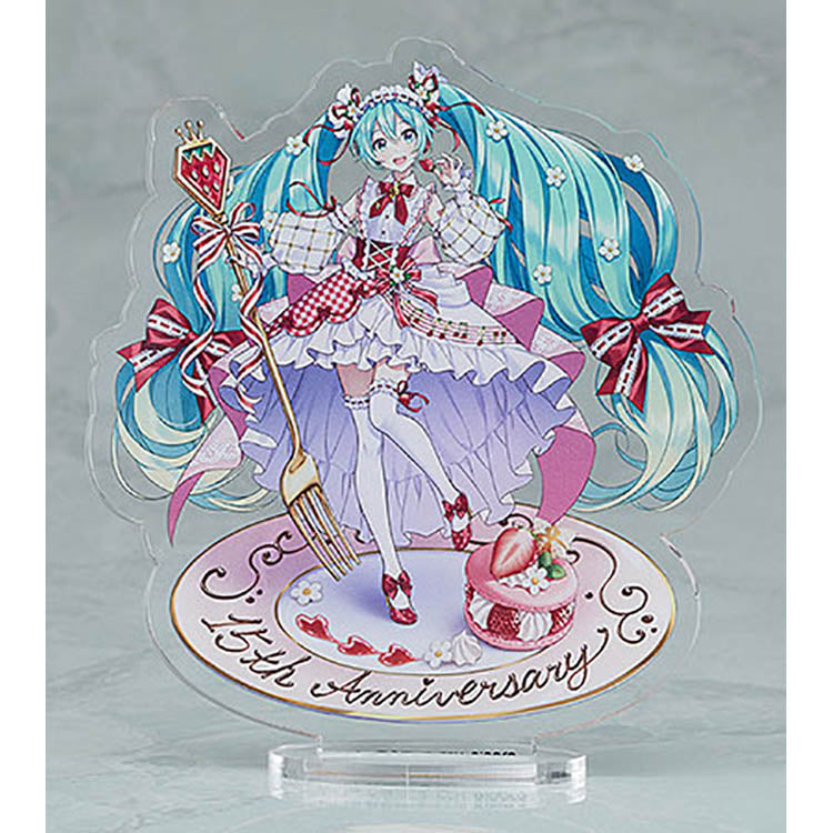 Hatsune Miku 15th Anniversary Strawberry Nendoroid figure with interchangeable faces, dessert accessories, and acrylic stand – collectible Vocaloid anime merch