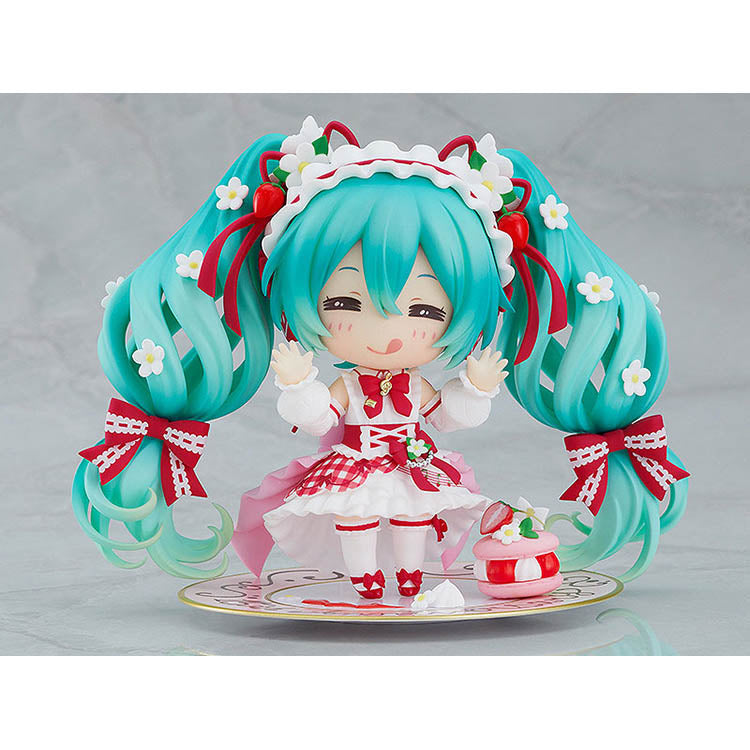 Hatsune Miku 15th Anniversary Strawberry Nendoroid figure with interchangeable faces, dessert accessories, and acrylic stand – collectible Vocaloid anime merch