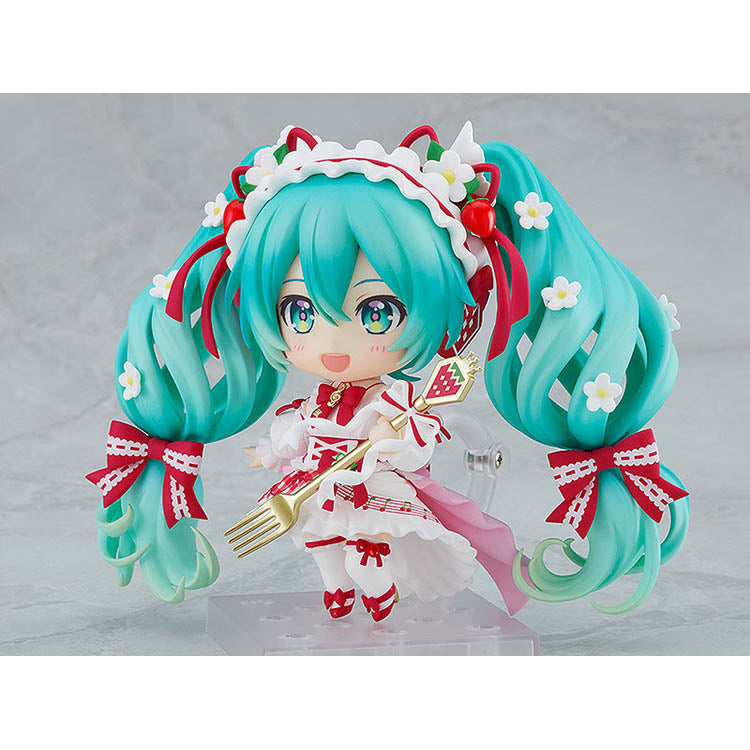Hatsune Miku 15th Anniversary Strawberry Nendoroid figure with interchangeable faces, dessert accessories, and acrylic stand – collectible Vocaloid anime merch