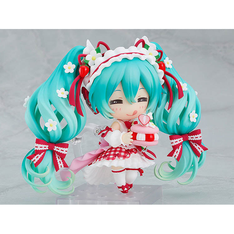 Hatsune Miku 15th Anniversary Strawberry Nendoroid figure with interchangeable faces, dessert accessories, and acrylic stand – collectible Vocaloid anime merch