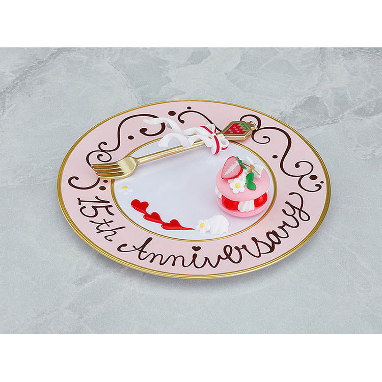 Hatsune Miku 15th Anniversary Strawberry Nendoroid figure with interchangeable faces, dessert accessories, and acrylic stand – collectible Vocaloid anime merch