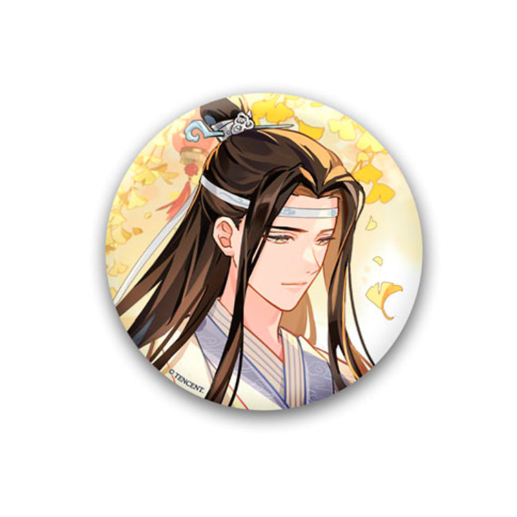 Mo Dao Zu Shi Qiu Zui Wei Yang Ver. Tin Badge Set featuring Wei Wuxian and Lan Wangji with autumn-inspired backgrounds and elegant designs.
