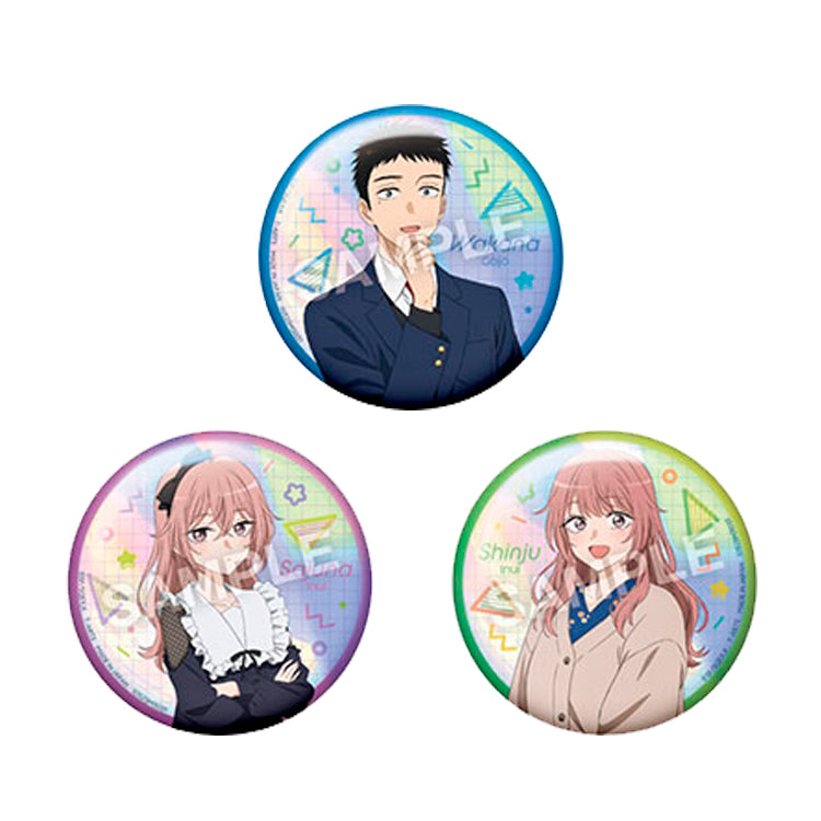 My Dress-Up Darling Shine Trading Can Badge packaging featuring 76mm glitter-style character badges from the anime’s popular lineup.