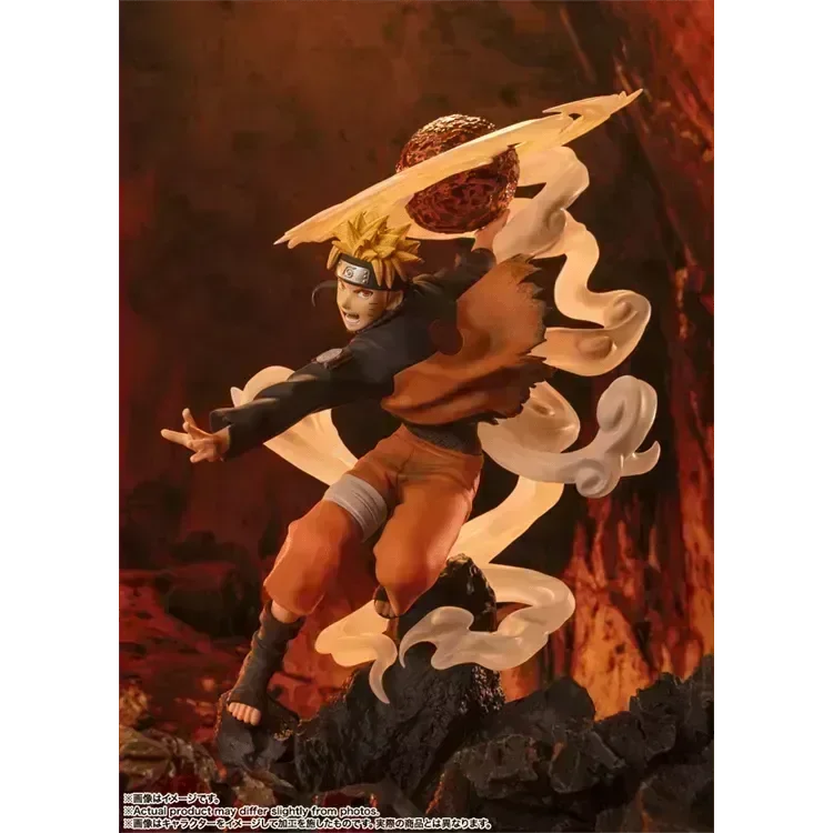Figuarts ZERO Extra Battle Naruto Uzumaki Sage Mode figure, posed while unleashing the Lava Release Rasenshuriken, with dynamic energy effects, swirling smoke, and flowing clothing in a 360-degree sculpt.