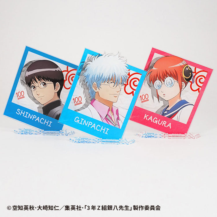 Gintama 3-Year Class Z Ginpachi-sensei Big Photo Card Acrylic Stands of Ginpachi, Shinpachi, and Kagura in school uniforms.