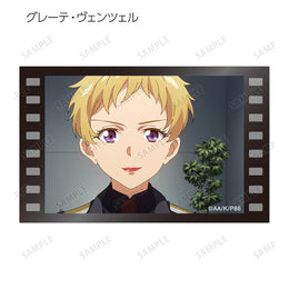 Grethe Wenzel film strip scene card from 86 Eighty Six anime, featuring a confident military character portrait.