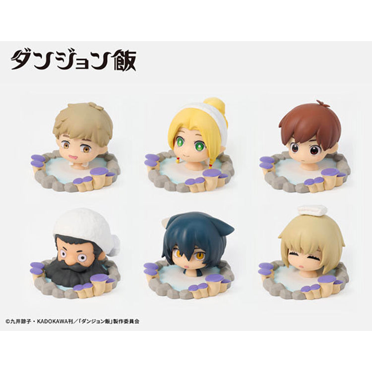 All 6 Delicious in Dungeon Like Yu figures: Laios, Marcille, Chilchuck, Senshi, Izutsumi and Falin in hot spring pools