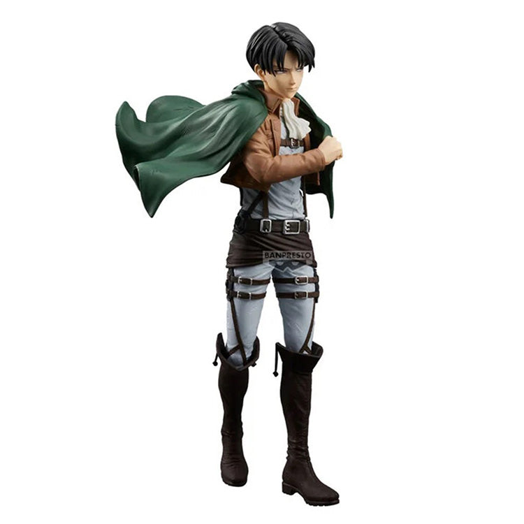 Side view of Attack on Titan Grandista Levi Ackerman figure by Banpresto featuring green Survey Corps cloak.