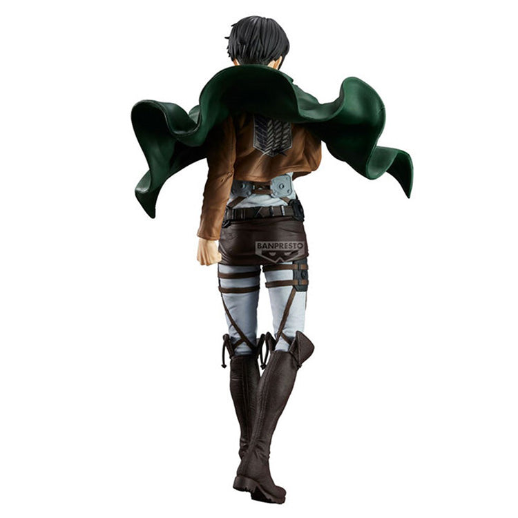 Back view of Attack on Titan Grandista Levi Ackerman figure by Banpresto featuring green Survey Corps cloak.