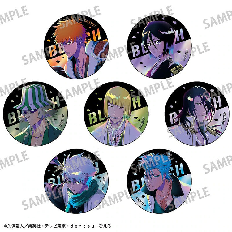 Collection of BLEACH anime pins including Rukia, Byakuya, and Grimmjow in artistic retouch style.