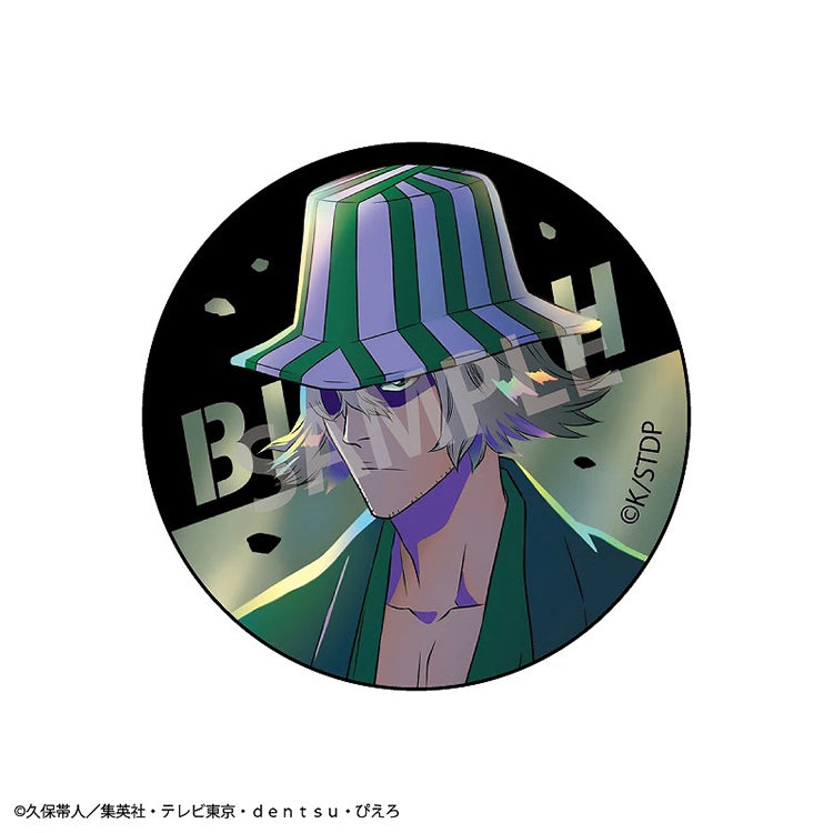 Metallic finish detail on Kisuke Urahara 56mm anime badge from BLEACH Thousand-Year Blood War.
