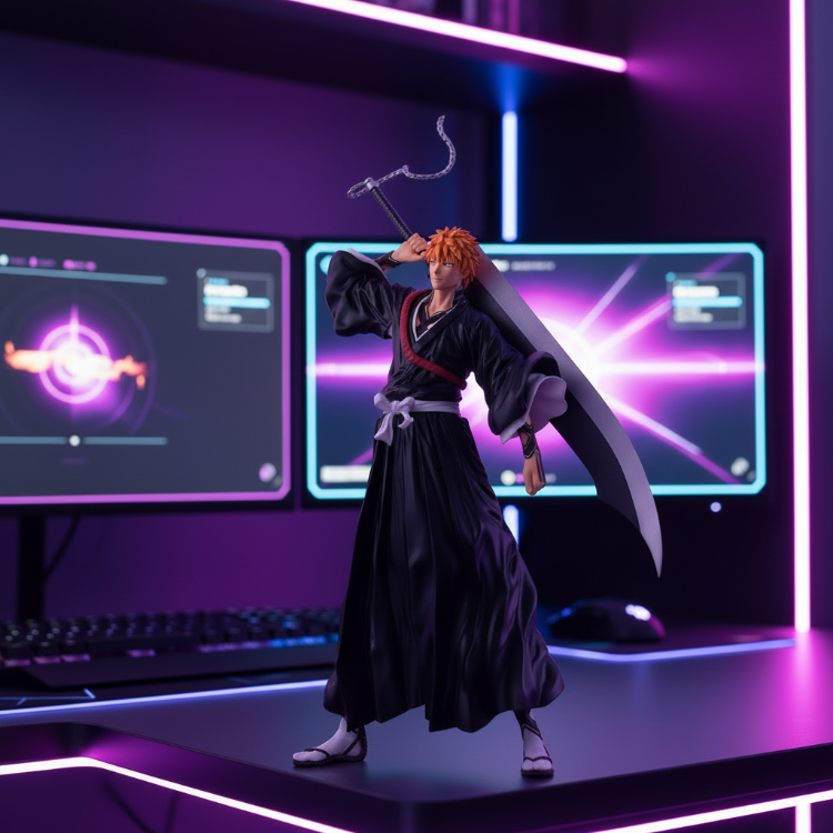 32cm BLEACH Grandista Ichigo Kurosaki figure by Banpresto based on Shibuya outdoor advertisement displayed on a egaming desk