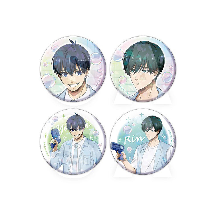 Blue Lock Soap Bubbles Ver. Trading Hologram Can Badges featuring Isagi Yoichi, Rin Itoshi, Nagi Seishiro, Chigiri Hyoma, Bachira Meguru, and other characters in pastel outfits with bubble-themed backgrounds.