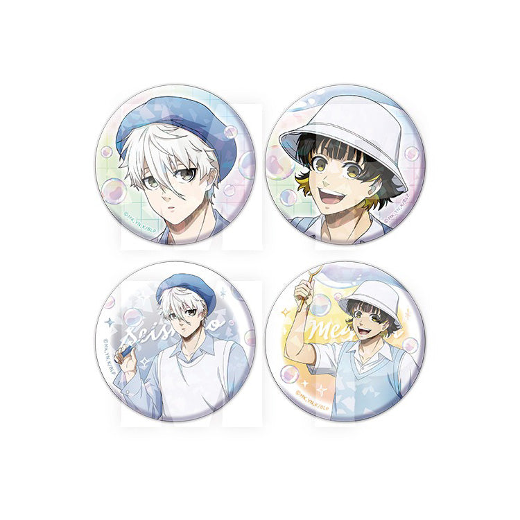 Blue Lock Soap Bubbles Ver. Trading Hologram Can Badges featuring Isagi Yoichi, Rin Itoshi, Nagi Seishiro, Chigiri Hyoma, Bachira Meguru, and other characters in pastel outfits with bubble-themed backgrounds.