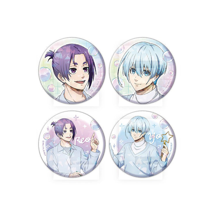Blue Lock Soap Bubbles Ver. Trading Hologram Can Badges featuring Isagi Yoichi, Rin Itoshi, Nagi Seishiro, Chigiri Hyoma, Bachira Meguru, and other characters in pastel outfits with bubble-themed backgrounds.