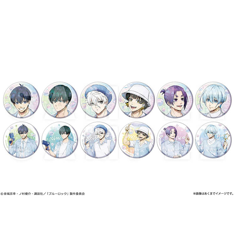 Blue Lock Soap Bubbles Ver. Trading Hologram Can Badges featuring Isagi Yoichi, Rin Itoshi, Nagi Seishiro, Chigiri Hyoma, Bachira Meguru, and other characters in pastel outfits with bubble-themed backgrounds.