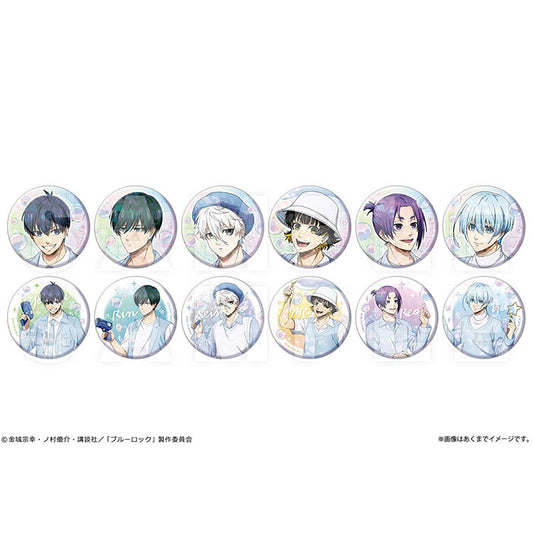 Blue Lock Soap Bubbles Ver. Trading Hologram Can Badges featuring Isagi Yoichi, Rin Itoshi, Nagi Seishiro, Chigiri Hyoma, Bachira Meguru, and other characters in pastel outfits with bubble-themed backgrounds.