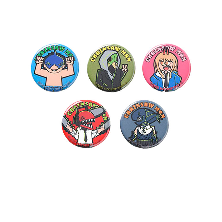 Five Chainsaw Man: Reze Arc Movie retro pixel art 32mm tin badges including Denji, Power, and Reze for anime ita-bags.