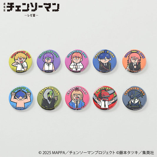 Chainsaw Man Reze Arc retro pixel art 32mm tin badges featuring Denji, Reze, Makima, Aki, and Power.