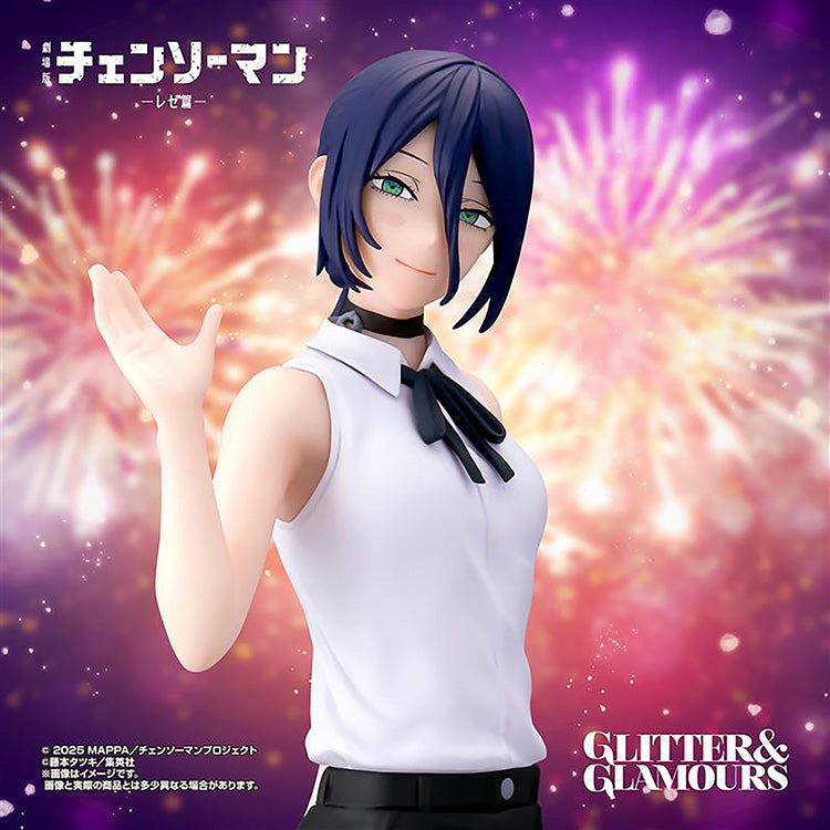 A close-up promotional image of the Reze figure from the Glitter & Glamours line, set against a vibrant fireworks background.