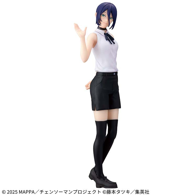 A full-body studio shot of the 8.7-inch Reze figure based on the Chainsaw Man - The Movie: Reze Arc, wearing a white sleeveless top and black shorts.