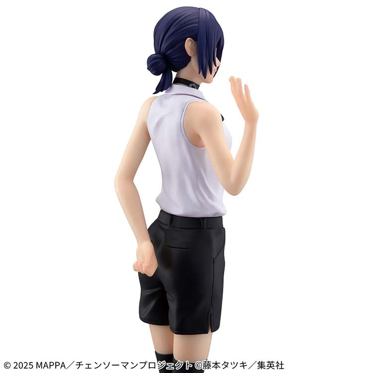 A back-angled shot showcasing the fit of Reze's smart attire and her signature hairstyle tied in a bun.