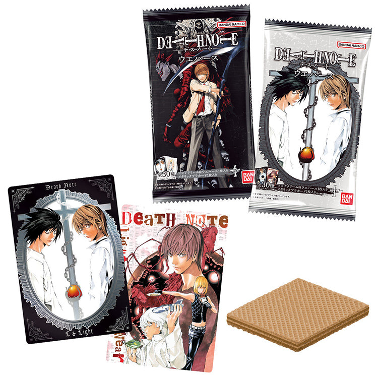 Bandai Death Note metallic trading cards featuring Light and L with a cocoa cream wafer snack.