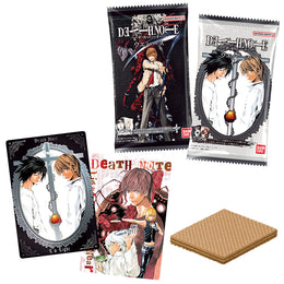 Bandai Death Note metallic trading cards featuring Light and L with a cocoa cream wafer snack.