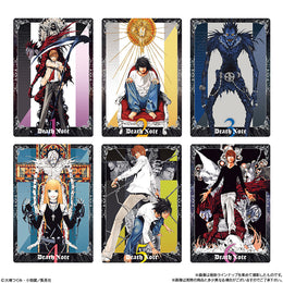 Silver foil Death Note wafer trading cards set featuring Light Yagami, L, and Ryuk in high-contrast manga-style art.