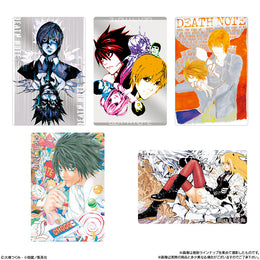 Death Note Wafers metallic trading cards featuring Light Yagami, L, Ryuk, and Misa Amane in high-art manga style.