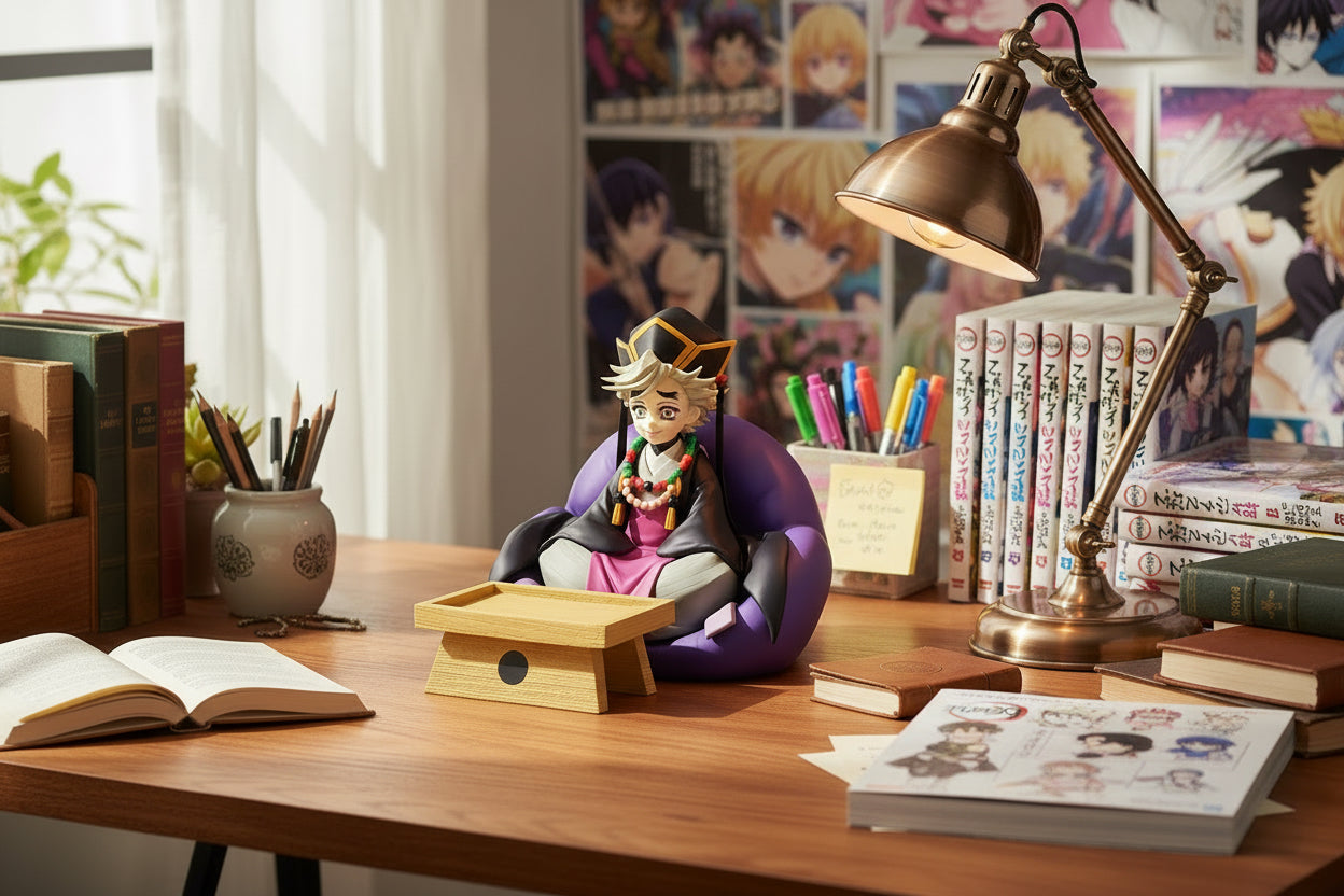 Figurine of Doma from Demon Slayer sitting on a purple chair with a wooden tray.