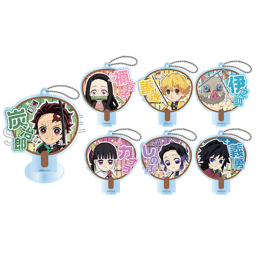 Demon Slayer Deco Uchiwa Acrylic Keychain A-BOX featuring Tanjiro, Nezuko, Zenitsu, Inosuke, Kanao, Giyu, and Shinobu — collectible anime keychains.