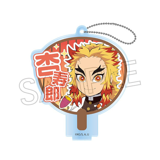 Demon Slayer Deco Uchiwa Acrylic Keychain B-BOX featuring chibi characters Rengoku, Uzui, Mitsuri, Muichiro, Gyomei, Obanai, and Sanemi displayed in decorative fan designs.