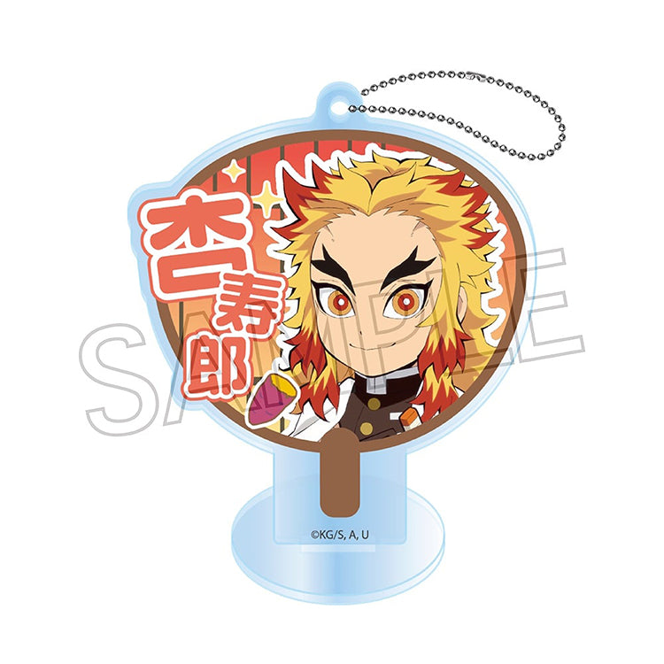 Demon Slayer Deco Uchiwa Acrylic Keychain B-BOX featuring chibi characters Rengoku, Uzui, Mitsuri, Muichiro, Gyomei, Obanai, and Sanemi displayed in decorative fan designs.