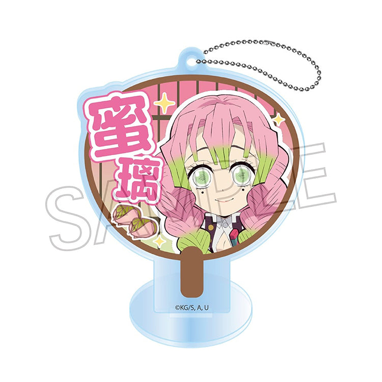 Demon Slayer Deco Uchiwa Acrylic Keychain B-BOX featuring chibi characters Rengoku, Uzui, Mitsuri, Muichiro, Gyomei, Obanai, and Sanemi displayed in decorative fan designs.