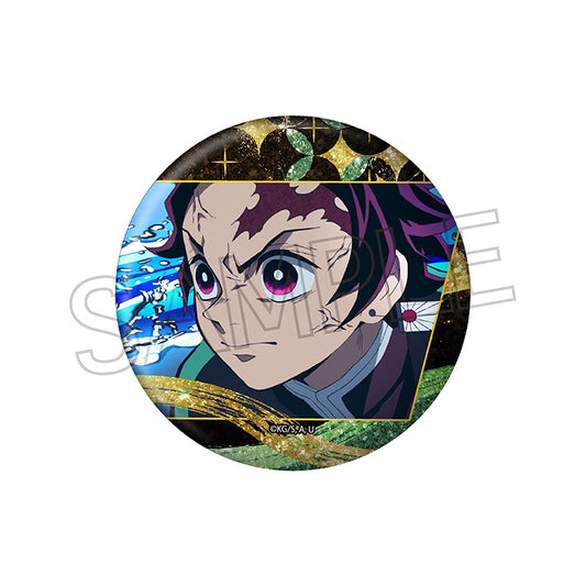 Demon Slayer Glitter Can Badge Vol.3 featuring Tanjiro, Nezuko, Zenitsu, Inosuke, Kanao, Giyu, and Shinobu with a sparkling glitter finish.