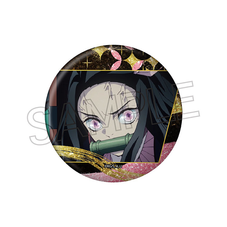 Demon Slayer Glitter Can Badge Vol.3 featuring Tanjiro, Nezuko, Zenitsu, Inosuke, Kanao, Giyu, and Shinobu with a sparkling glitter finish.