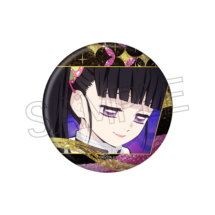 Demon Slayer Glitter Can Badge Vol.3 featuring Tanjiro, Nezuko, Zenitsu, Inosuke, Kanao, Giyu, and Shinobu with a sparkling glitter finish.