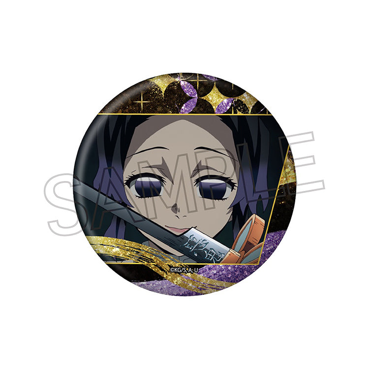 Demon Slayer Glitter Can Badge Vol.3 featuring Tanjiro, Nezuko, Zenitsu, Inosuke, Kanao, Giyu, and Shinobu with a sparkling glitter finish.