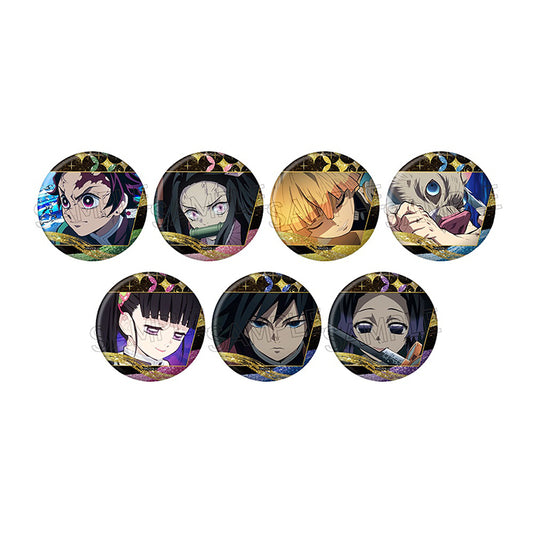 Demon Slayer Glitter Can Badge Vol.3 featuring Tanjiro, Nezuko, Zenitsu, Inosuke, Kanao, Giyu, and Shinobu with a sparkling glitter finish.